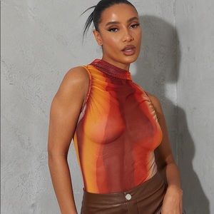 PrettyLittleThing Orange Ombré Sheer Mesh High Neck Bodysuit